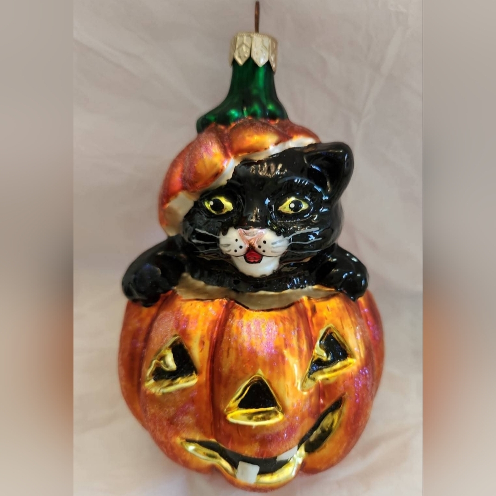 Christopher Radko Puss  N Boo Black Cat & Pumpkin Glass Halloween Ornament, Mint